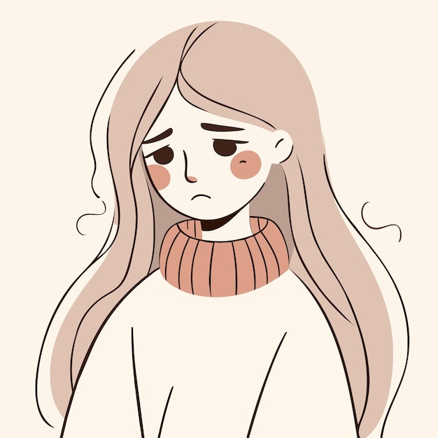 Minimal HandDrawn Vector Illustration of a Sad Girl with Long Hair in a Sweater