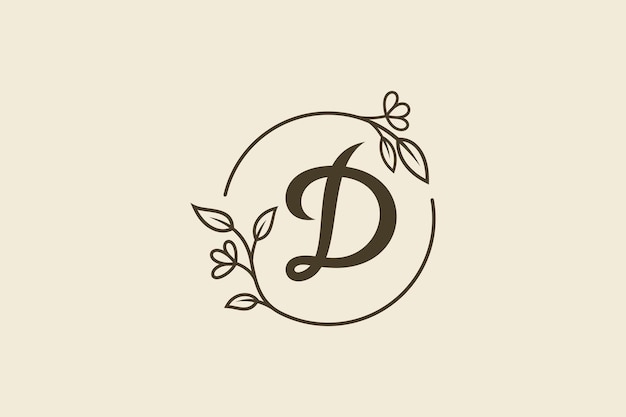 Minimal initial letter D luxury logo template inside circle frame with leaves or flower ornament