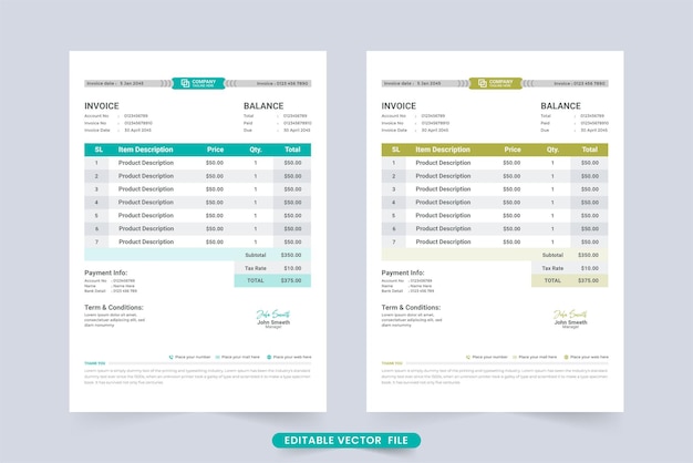 Minimal invoice template vector for business bill calculation Payment agreement and invoice bill template with dark cyan and yellow color Product buy and sell price receipt design with product info