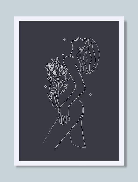 Minimal Line Art Abstract Woman with Flowers Fashion Model Floral Girl Standing Wall Art Poster