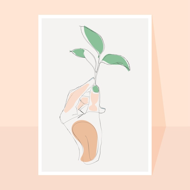 Minimal line art hands vector floral beige green pastel aesthetic illustration