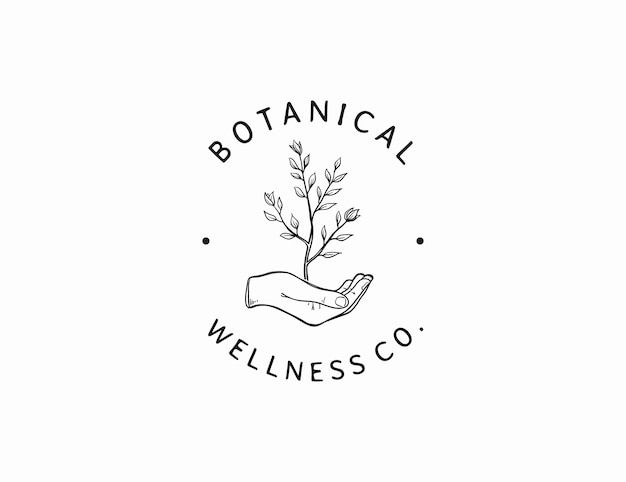 Minimal logo for botanical company with hand and floral ilustration