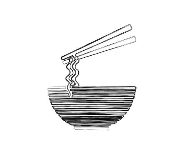 Vector minimal noodle in the bowl outline stylized ink brush drawing vector design