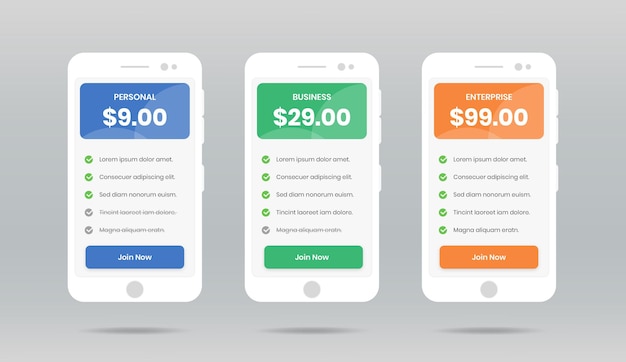 Minimal pricing comparison list with check mark ui design in smartphone shape