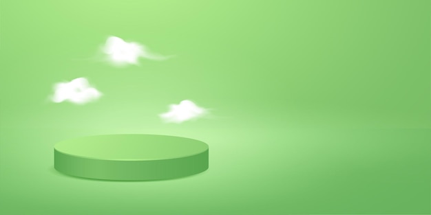 Minimal scene green podium with tiny clouds