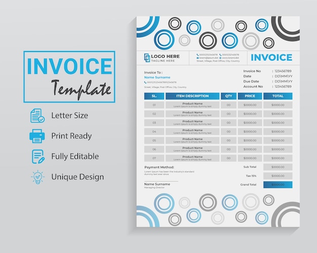 Minimal style modern invoice template design for accounting expense record purpose