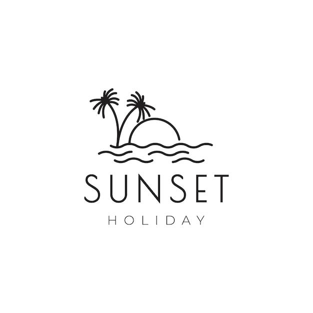 Minimal sunset beach water and coconut tree logo design