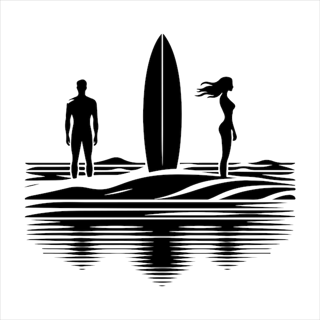 minimal surfing board with man and woman silhouette vector