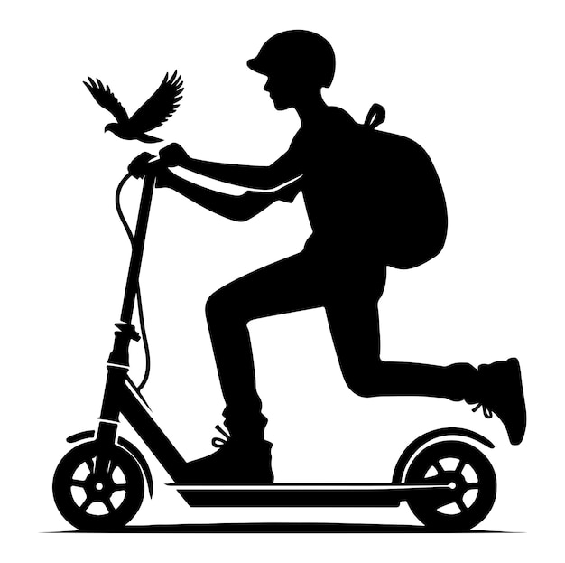 Vector minimal two wheeled kick scooter with raider vector silhouette illustration design