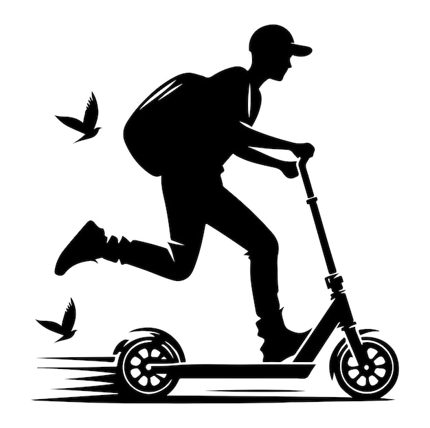 Vector minimal two wheeled kick scooter with raider vector silhouette illustration design