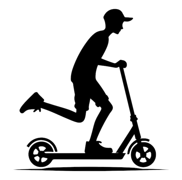 Minimal Two wheeled Kick scooter with Rider silhouette vector illustration on white background