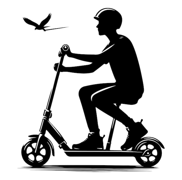 Vector minimal two wheeled kick scooter with rider silhouette vector illustration on white background