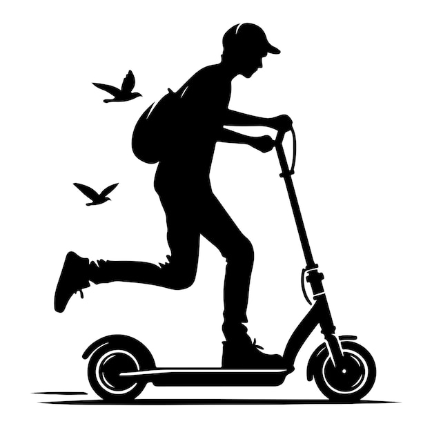 Vector minimal two wheeled kick scooter with rider silhouette vector illustration on white background