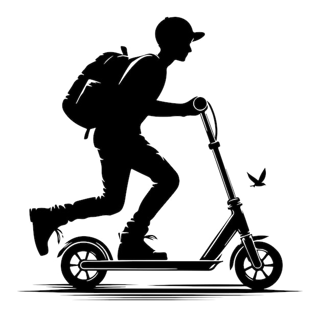 Vector minimal two wheeled kick scooter with rider silhouette vector illustration on white background