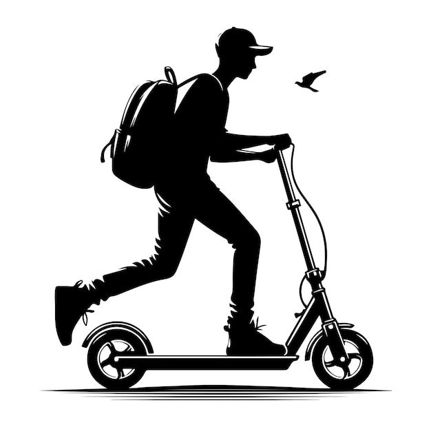 Vector minimal two wheeled kick scooter with rider silhouette vector illustration on white background