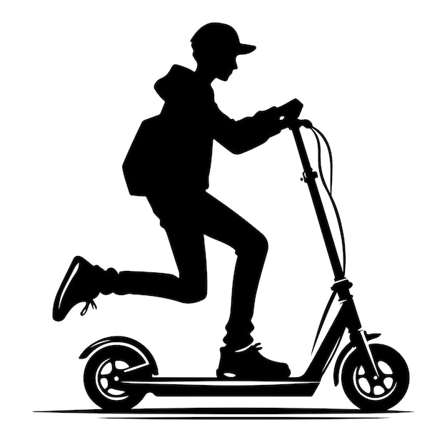 Minimal Two wheeled Kick scooter with Rider silhouette vector illustration on white background