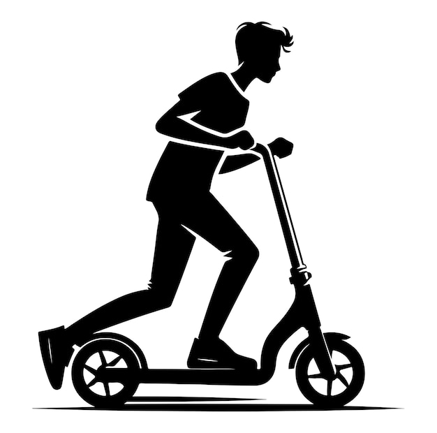 Vector minimal two wheeled kick scooter with rider silhouette vector illustration on white background