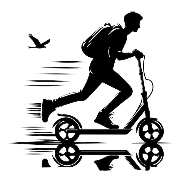 Vector minimal two wheeled kick scooter with rider silhouette vector illustration on white background