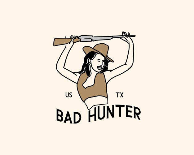 minimal vintage artwork of a woman holding a shotgun