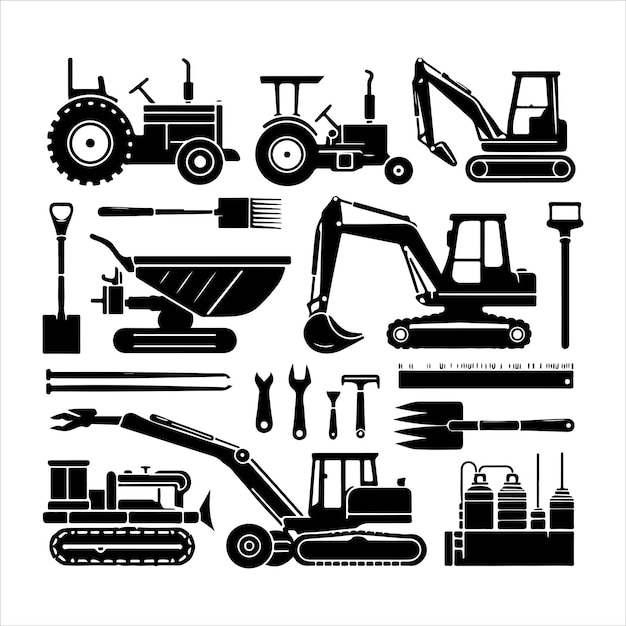 Vector minimal vintage construction equipment set silhouette vector