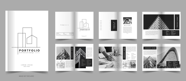 Minimal white architecture portfolio template and architectural brochure layout