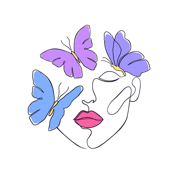 Minimal woman face with butterflies