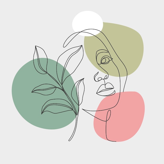 Minimal women and leaves. one line art style drawing.