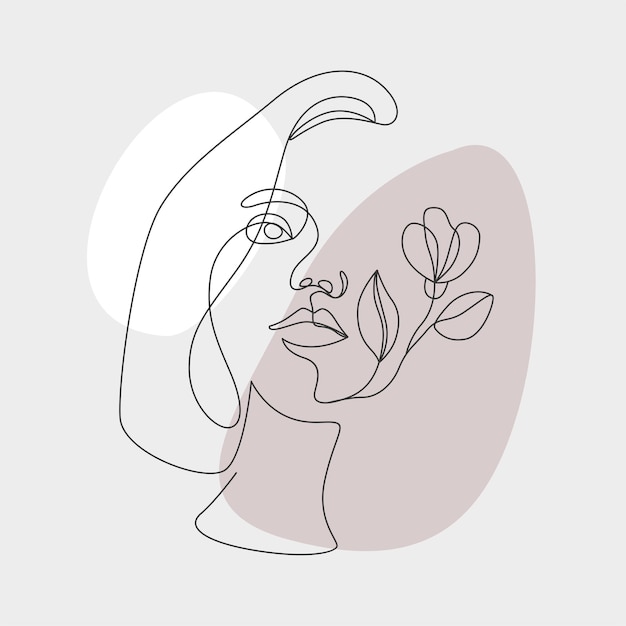 Minimal women and leaves. one line style drawing.