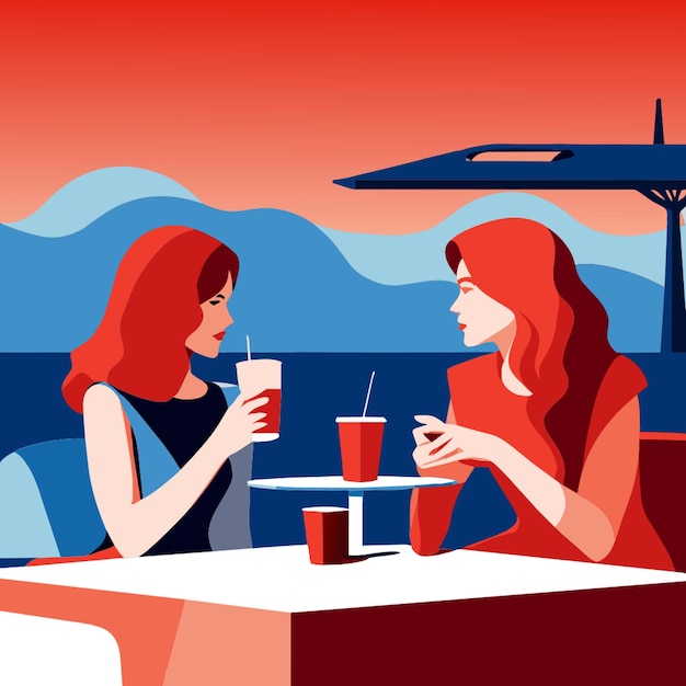 Vector minimalism two women drink coffee sitting at a table in a cafe vector illustration