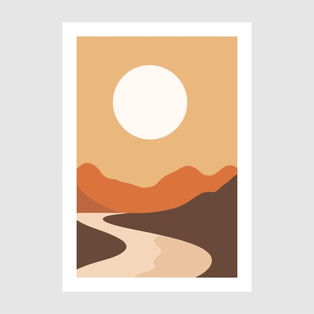 Minimalist abstract desert background with mountains and sun Vector illustration