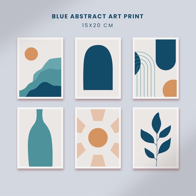 minimalist abstract posters art hand drawn shapes covers set with blue color