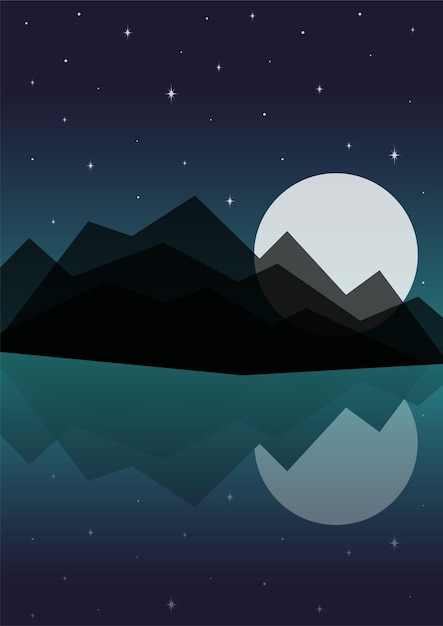 Vector minimalist aesthetic night mountains landscape nordic midnight rising moon