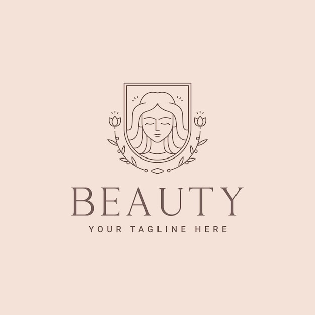 Minimalist beauty woman39s face flower badge line art icon logo template vector illustration design