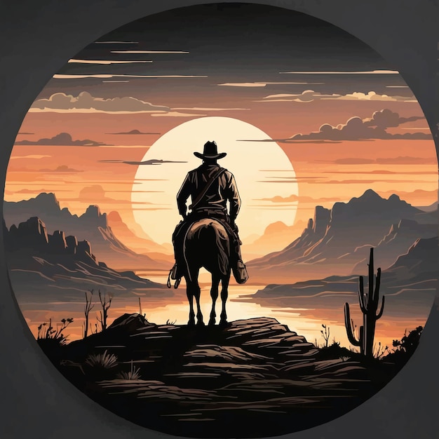 Minimalist black ink Wild West at dusk silhouette of a cowboy