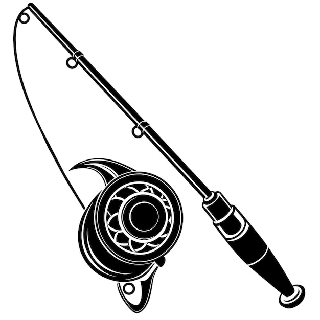 the minimalist black svg line vector silhouette style of clip art drawing of a fishing reel the