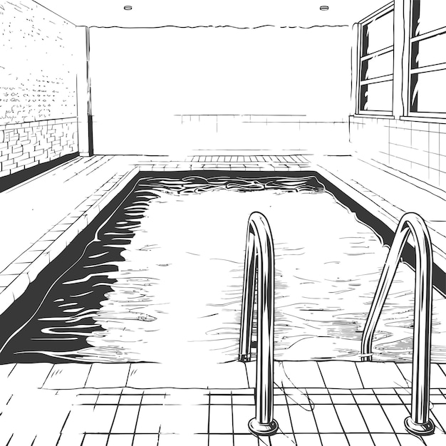 Vector minimalist black and white line drawing of an empty indoor swimming pool with ladder