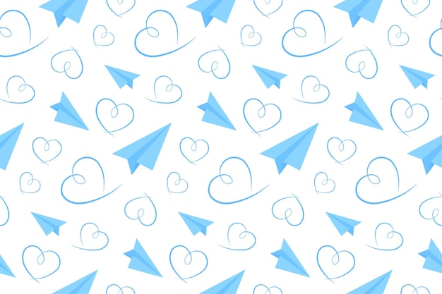 Minimalist Blue Handmade Paper Plane and Heart Vector Seamless Pattern Valentines Day Greeting Cards