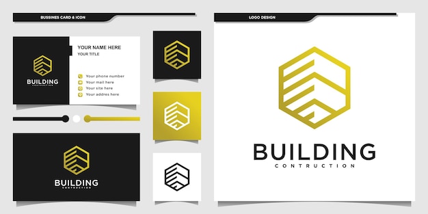 Minimalist Building logo with creative hexagon line art shape Premium Vector