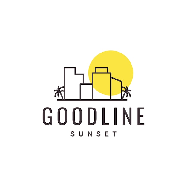 Minimalist building with coconut tree and sunset logo