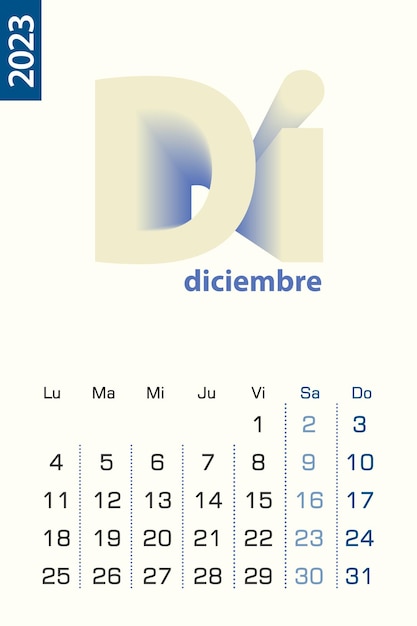 Minimalist calendar template for December 2023 vector calendar in Spanish language