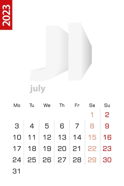 Minimalist calendar template for July 2023 vector calendar in English