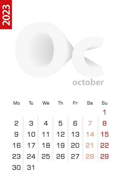 Minimalist calendar template for October 2023 vector calendar in English