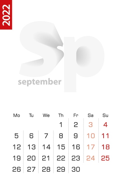 Minimalist calendar template for September 2022, vector calendar in English.