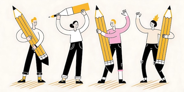 Vector minimalist characters holding pencils in a creative design for decor