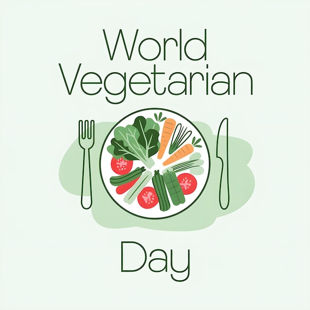 Vector minimalist a circular plate of vegetables in the middle flanked by a red fork on the left and green