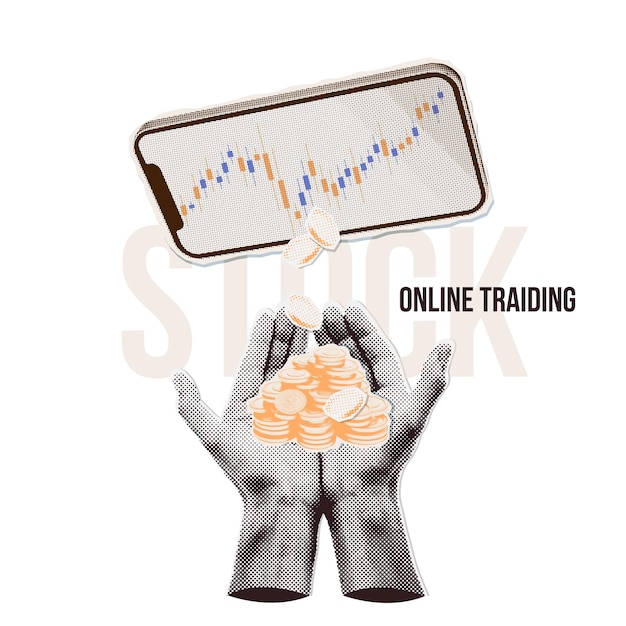 Vector minimalist collage with hands holding profit cash online trading banner digital finance business