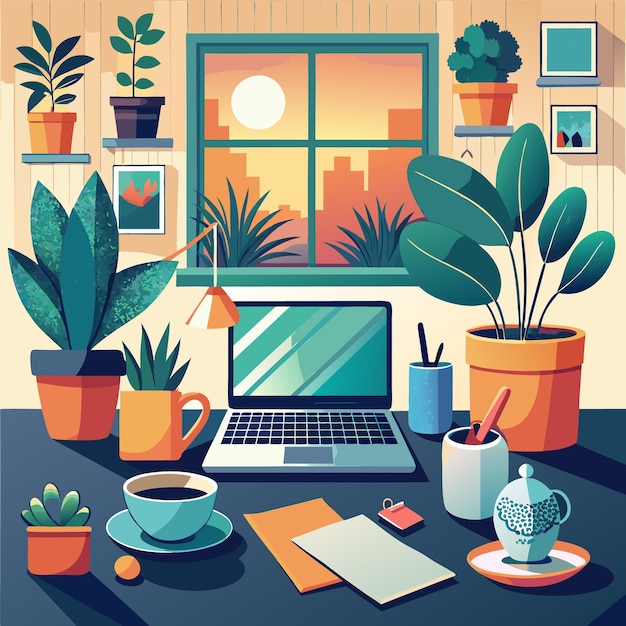 Minimalist Desk Setup Vector with Coffee and Plant