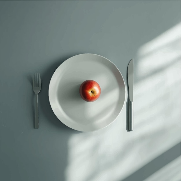 Vector minimalist dining setup with a single apple on a plate flanked by a fork and knife showcasing sim