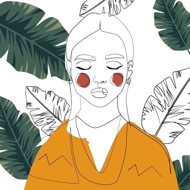 Minimalist drawing of a girl with lines on a tropical background with leaves