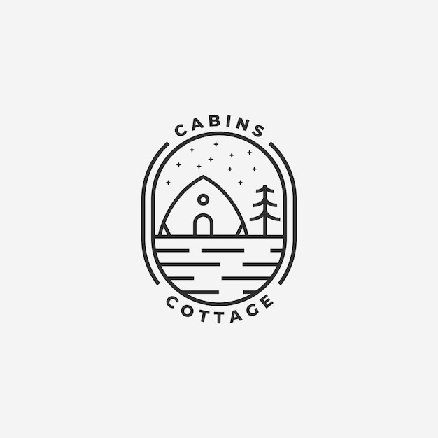 Minimalist Emblem Camp Cabin Cottage Logo Line Art Vector Illustration Design